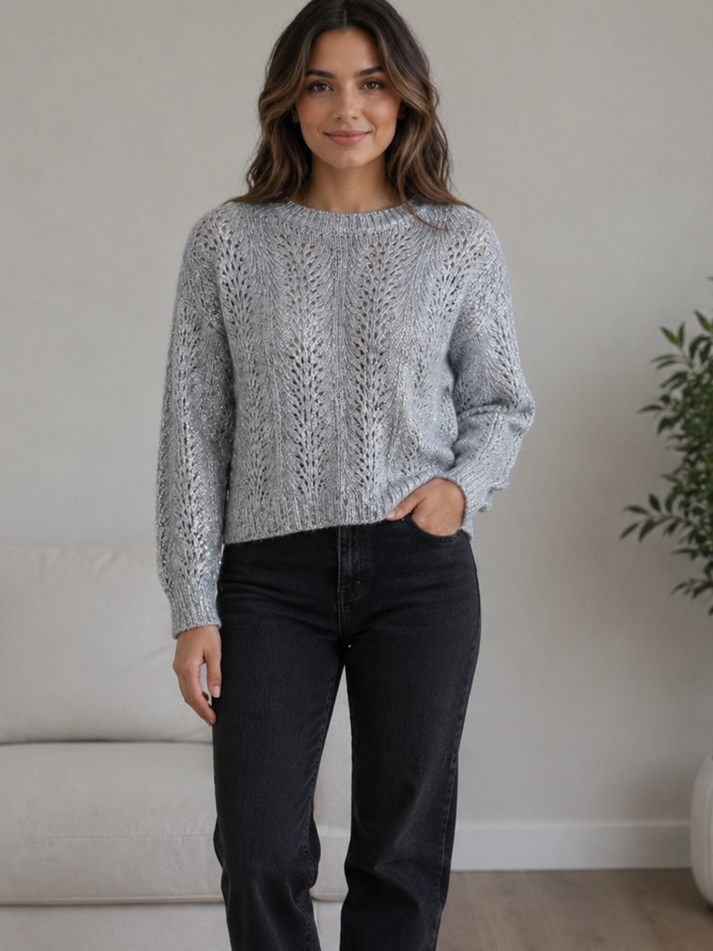 1. State Silver Heather Lace/Sequins Crewneck Sweater